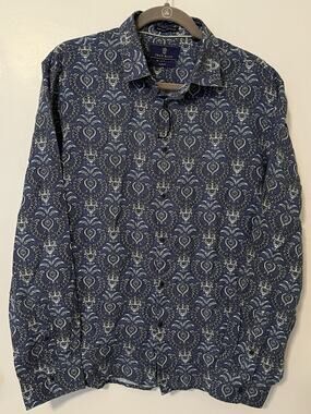 True Blue Slim Fit Indigo Paisley Linen Blend Shirt Mens Large